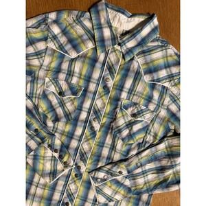 Roper Shirt Women's M Plaid Western Pearl Snap Blue Green Yellow Cowboy Rodeo